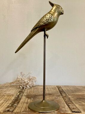 Metal Parrot Sculpture on Stand - Brass Tone Decorative Bird Mid-century